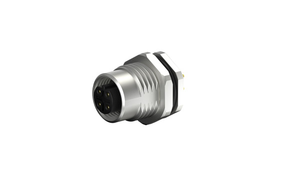 M16X1.5,前锁圆形连接器,母,插座,B编码,4位,垂直(180度),通孔焊接