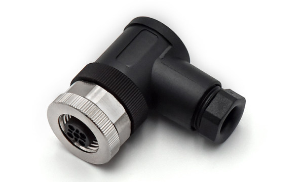 M12X1.0 母插头，弯头螺钉类型（非屏蔽式） ,A-编码 ,3位 ,PG9螺纹