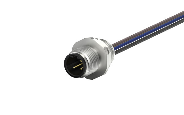 M12 公端圆形连接器, 非屏蔽, 单线,3芯, D编码 IP68,M12X1.0,后锁