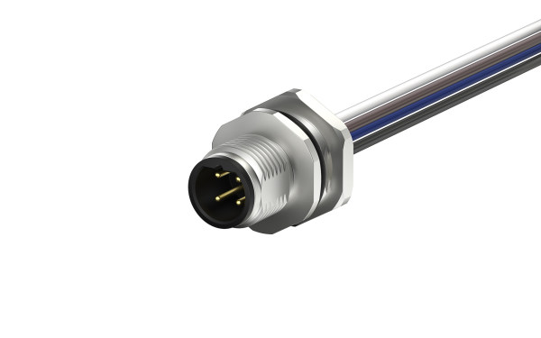 M12 公端圆形连接器, 非屏蔽, 单线,4芯, B编码 IP68,M16X1.5,后锁