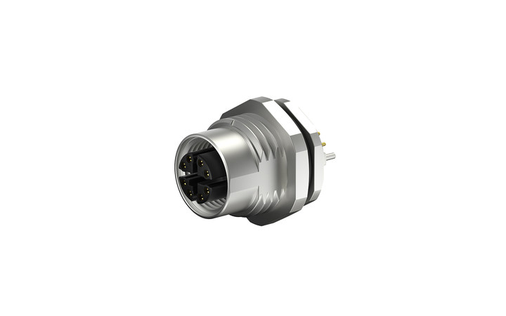 M12 female socket, shield, through-hole welding, M16X1.5, front lock,  X-code, 8 cores, CAT6A