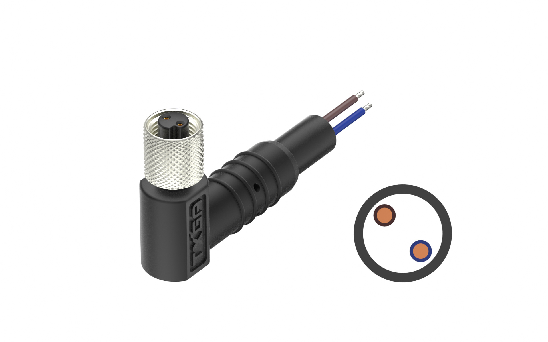 M5X0.5 2Circuits female, Cable With Molding Right Angle Header, L=2000mm，housing entry 45°