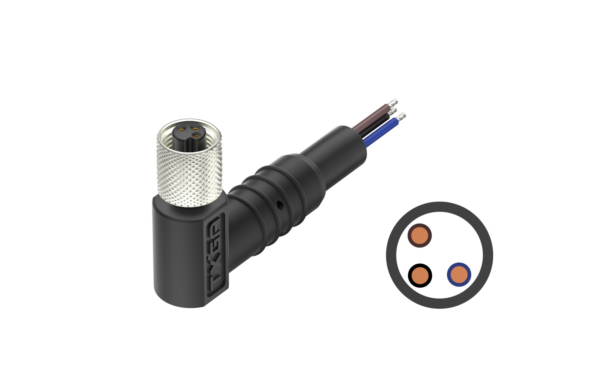 M5X0.5 3Circuits female, Cable With Molding Right Angle Header, L=2000mm，housing entry 45°