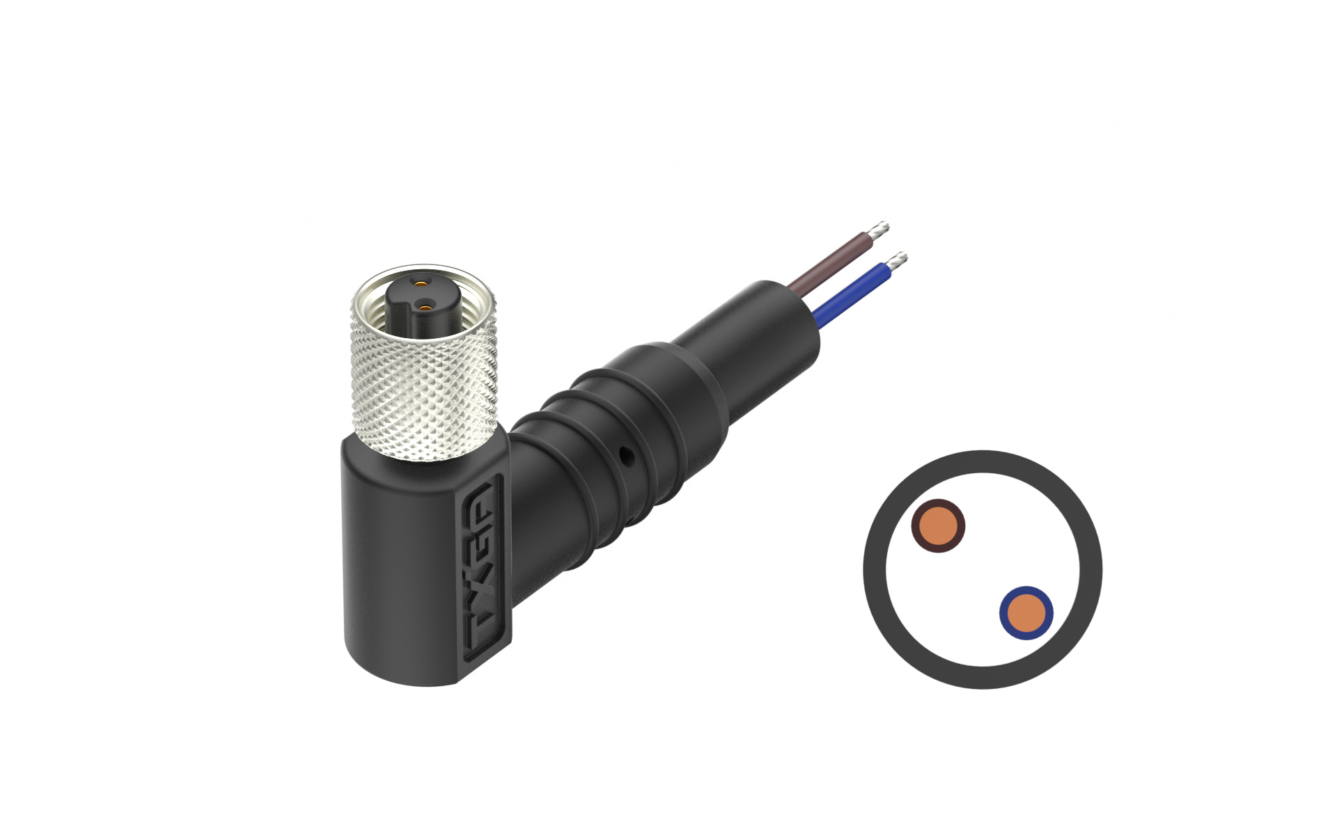 M5X0.5 2Circuits female, Cable With Molding Right Angle Header, L=2000mm，housing entry 90°