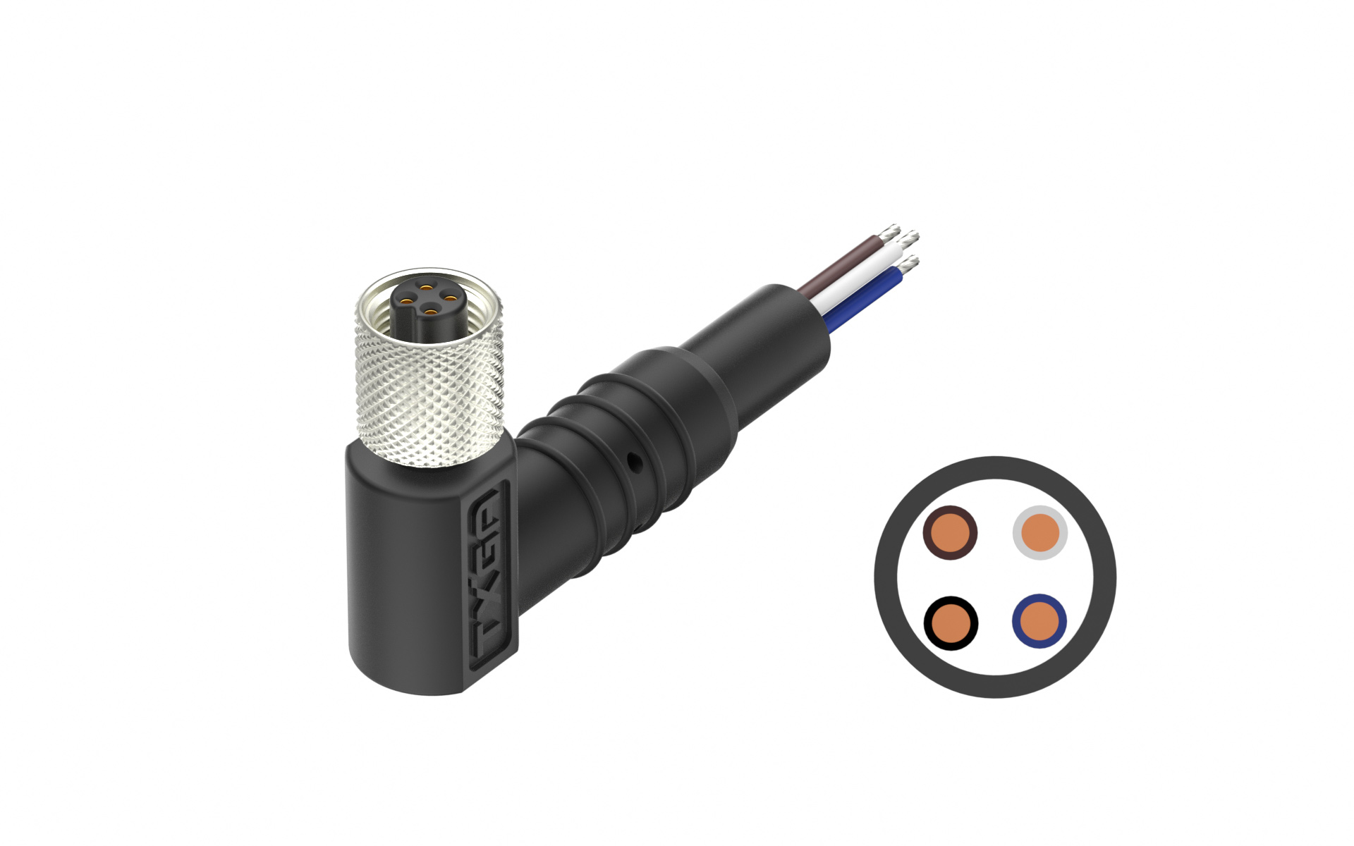 M5X0.5 4Circuits female, Cable With Molding Right Angle Header, L=2000mm，housing entry 90°