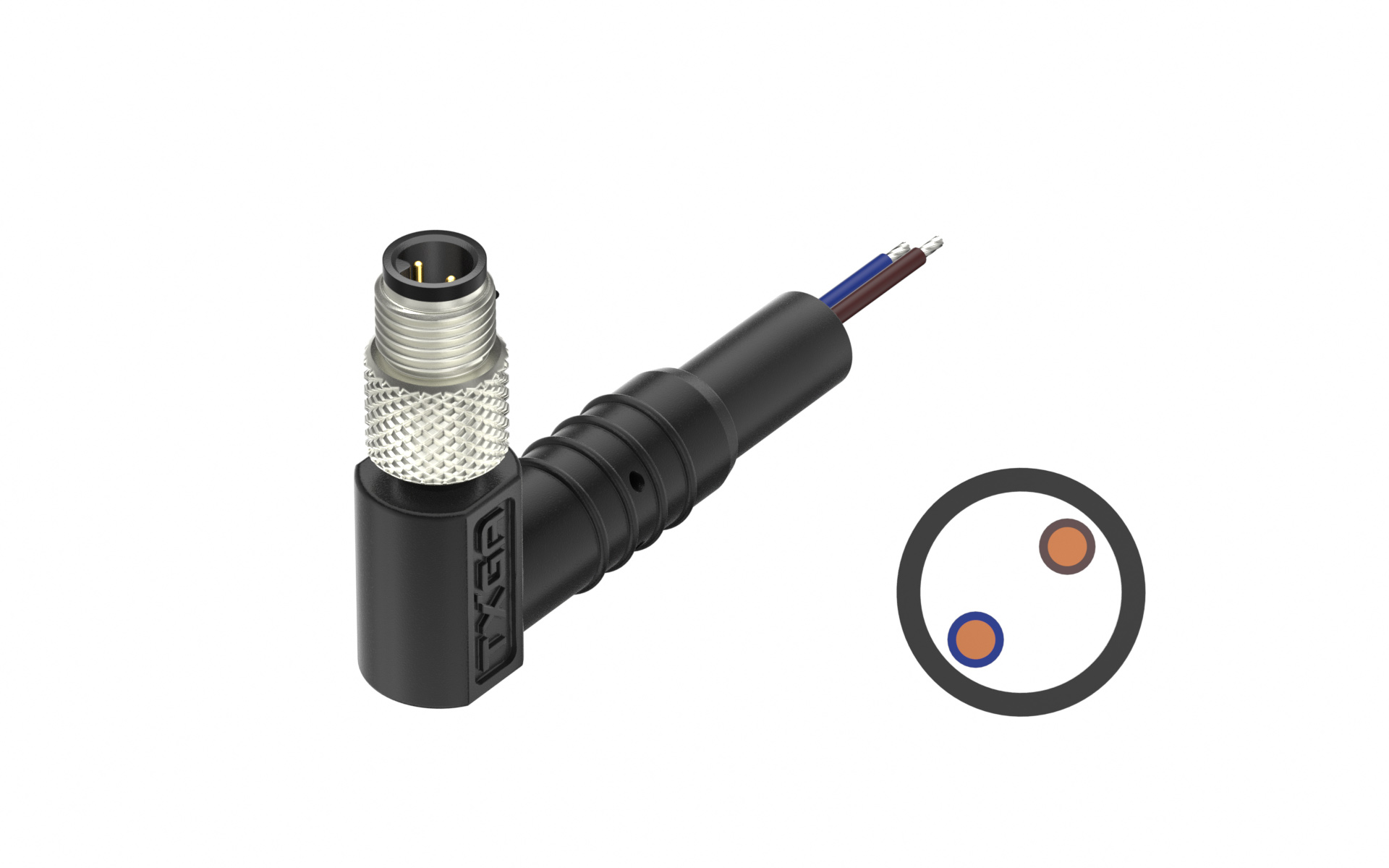 M5X0.5 2Circuits male, Cable With Molding Right Angle Header, L=2000mm，housing entry 45°