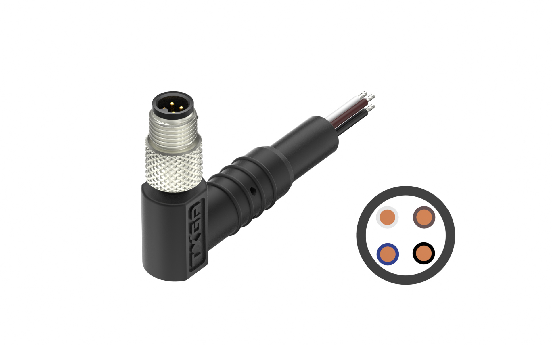 M5X0.5 4Circuits male, Cable With Molding Right Angle Header, L=2000mm，housing entry 90°