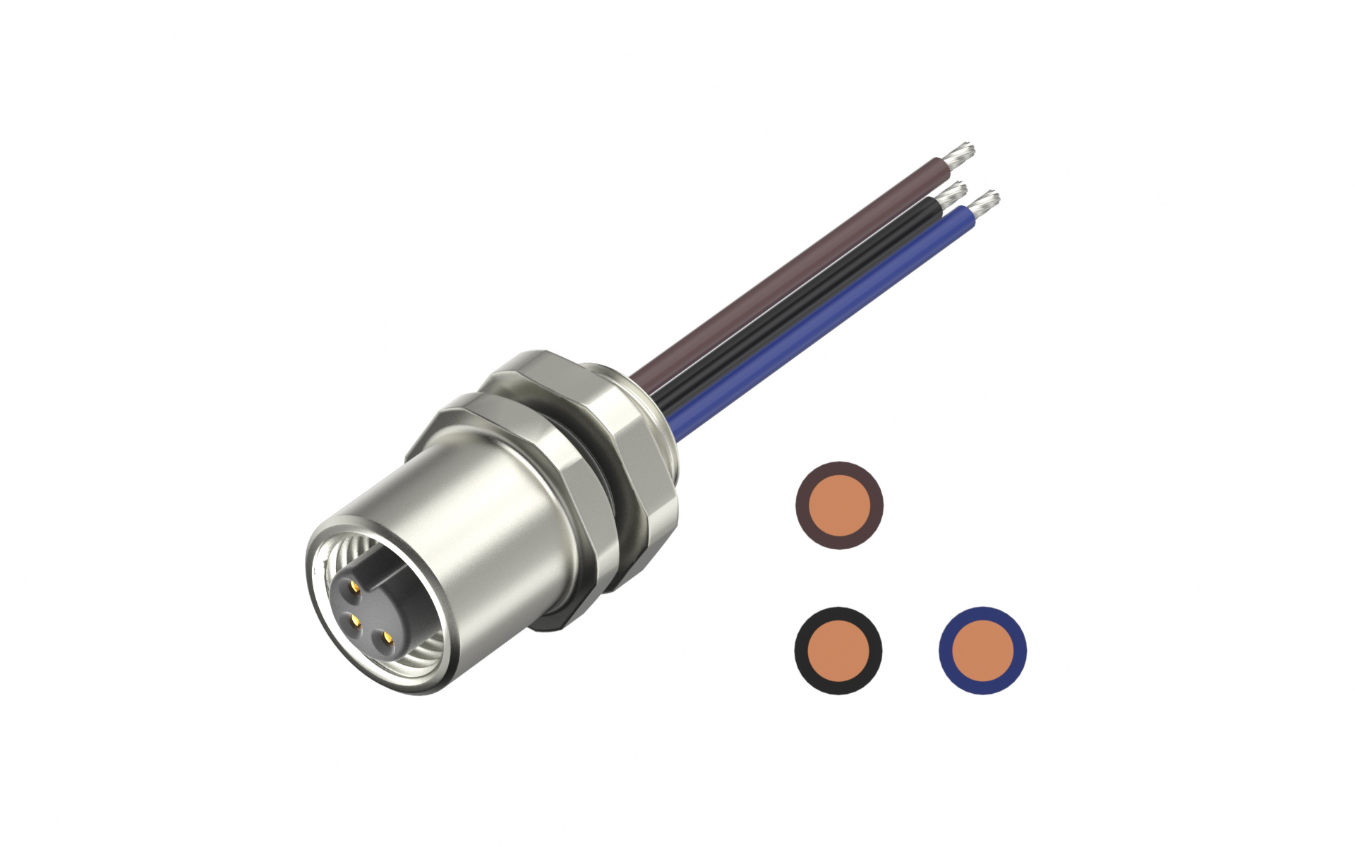 Rear fastened M5X0.5, female Socket, A-Coded 3Circuits, Socket Ep0.1μm, with lize L=200mm, free end