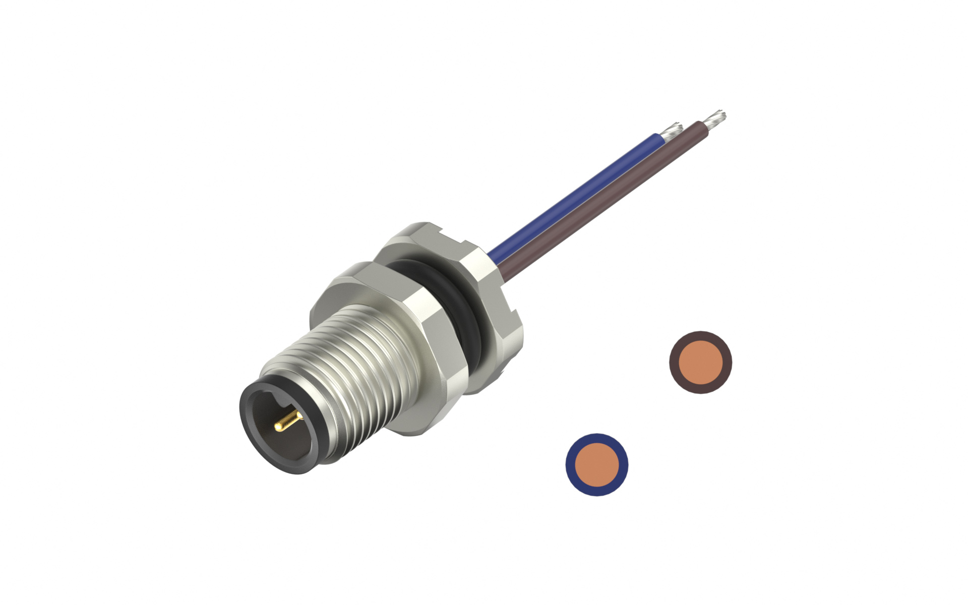Front fastened M5X0.5, Male Socket, A-Coded, 2Circuits, Pin Ep0.1μm, with lize L=200mm, free end