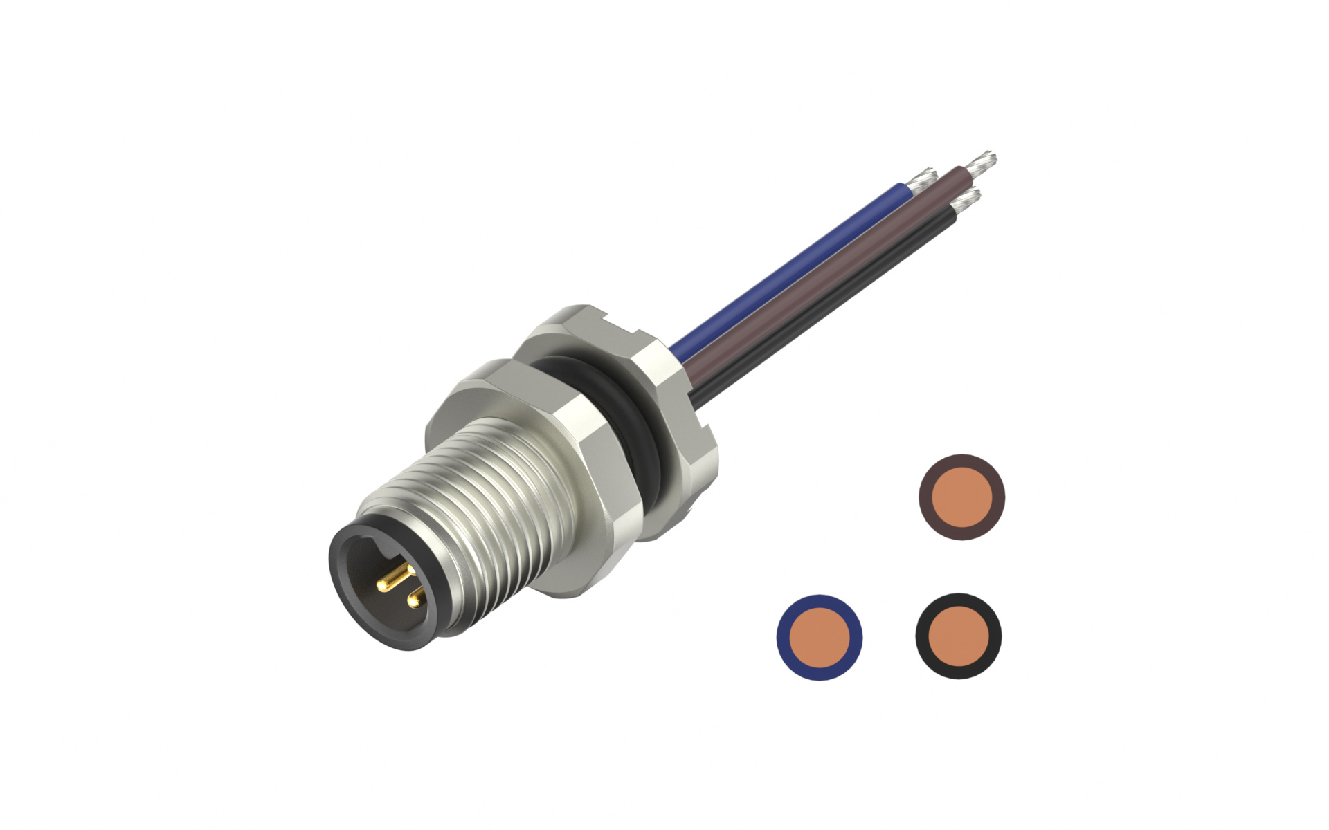 Front fastened M5X0.5, Male Socket, A-Coded, 3Circuits, Pin Ep0.1μm, with lize L=200mm, free end
