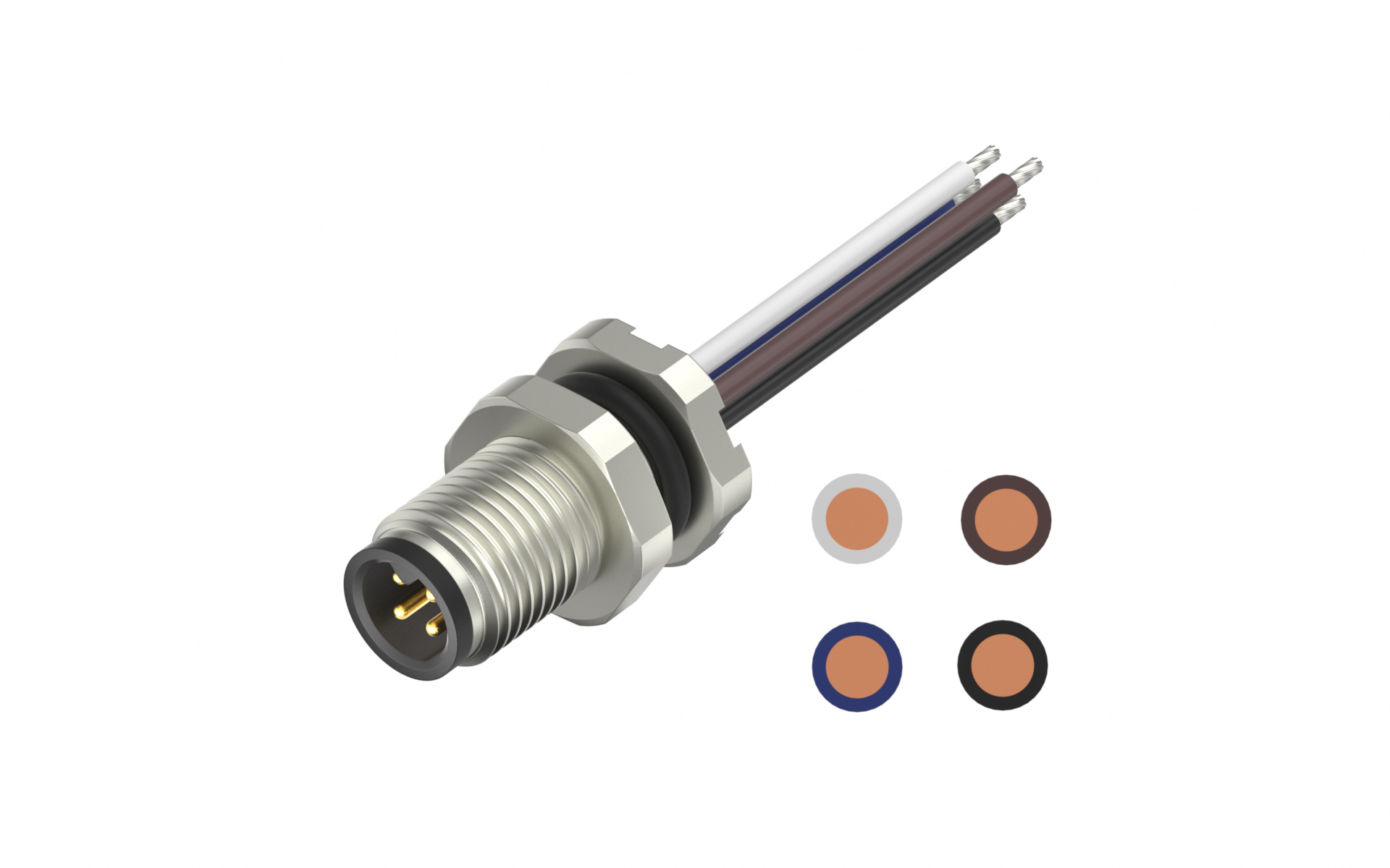 Front fastened M5X0.5, Male Socket, A-Coded, 4Circuits, Pin Ep0.1μm, with lize L=200mm, free end