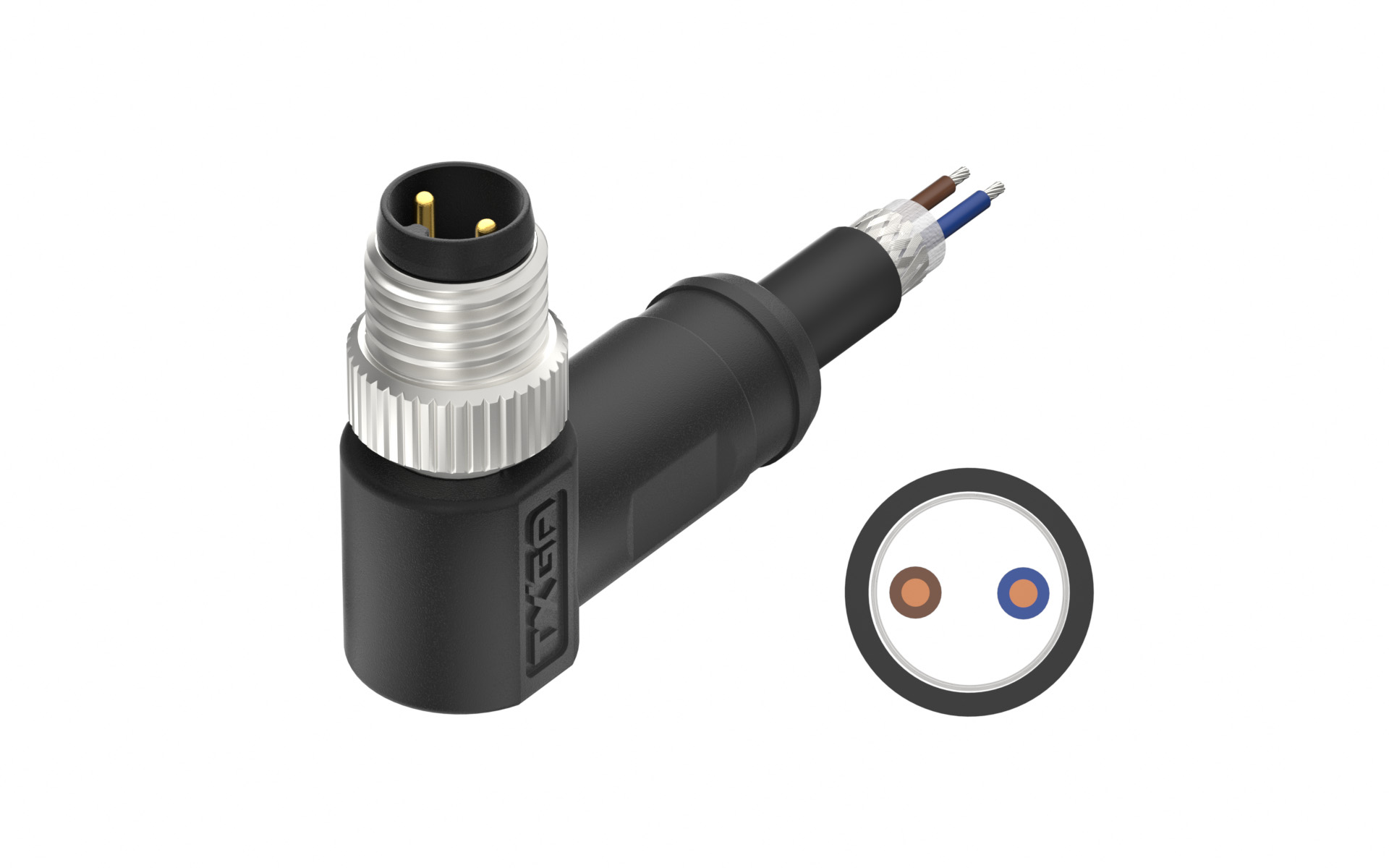 M8X1.0 A Coded 2pin, male right angle single end, shield, PUR, cable length L=2M