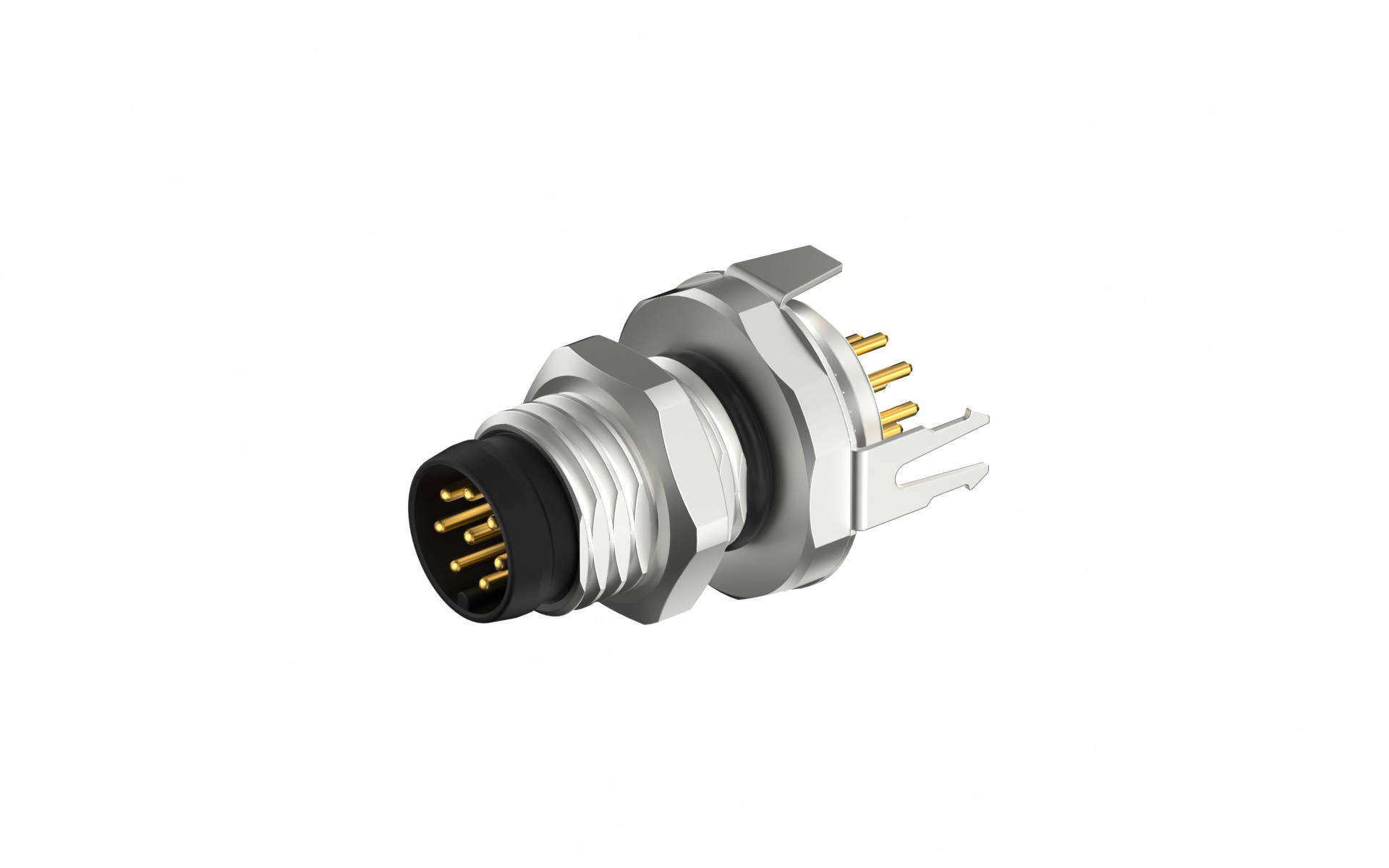 Front fastened M8x1.0 male Socket with section , A-Coded , 8Circuits , ST THT, with shield