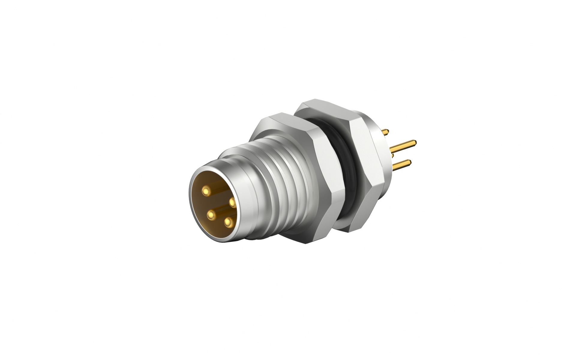 Front fastened M8X1.0 male Socket circle , A-Coded , 4Circuits , Through Hole solder