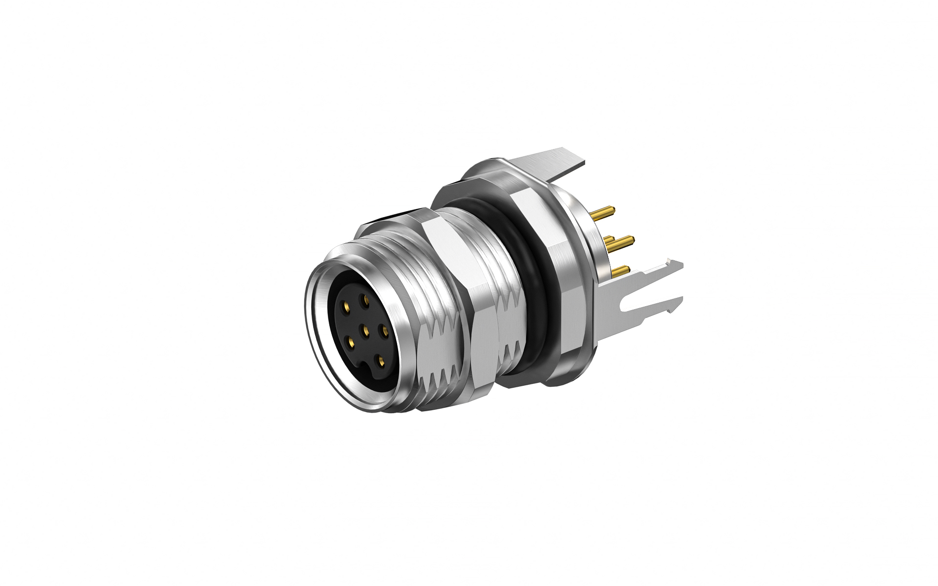 Front fastened M10X0.75 female Socket with section , A-Coded , 6Circuits , ST THT, with shield
