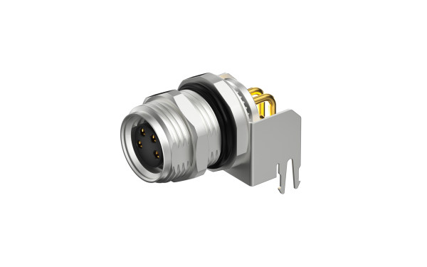 板前安装，M10X0.75 母插座带双切面,A编码4位 ,弯头通孔焊接,带屏蔽