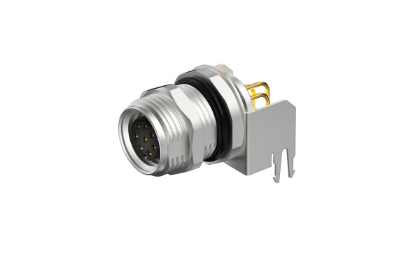 板前安装，M10X0.75 母插座带双切面,A编码8位 ,弯头通孔焊接,带屏蔽