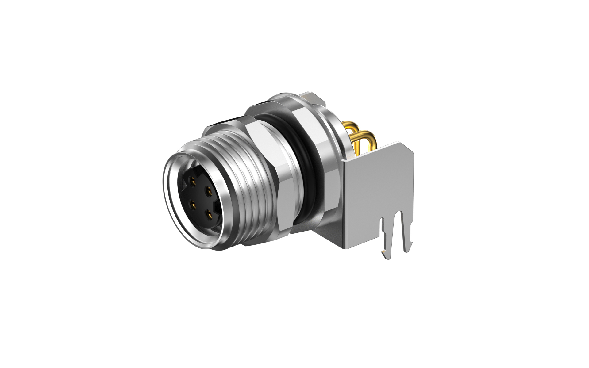 Front fastened M10X0.75 female Socket circle , A-Coded , 4Circuits , RA , THT, with shield