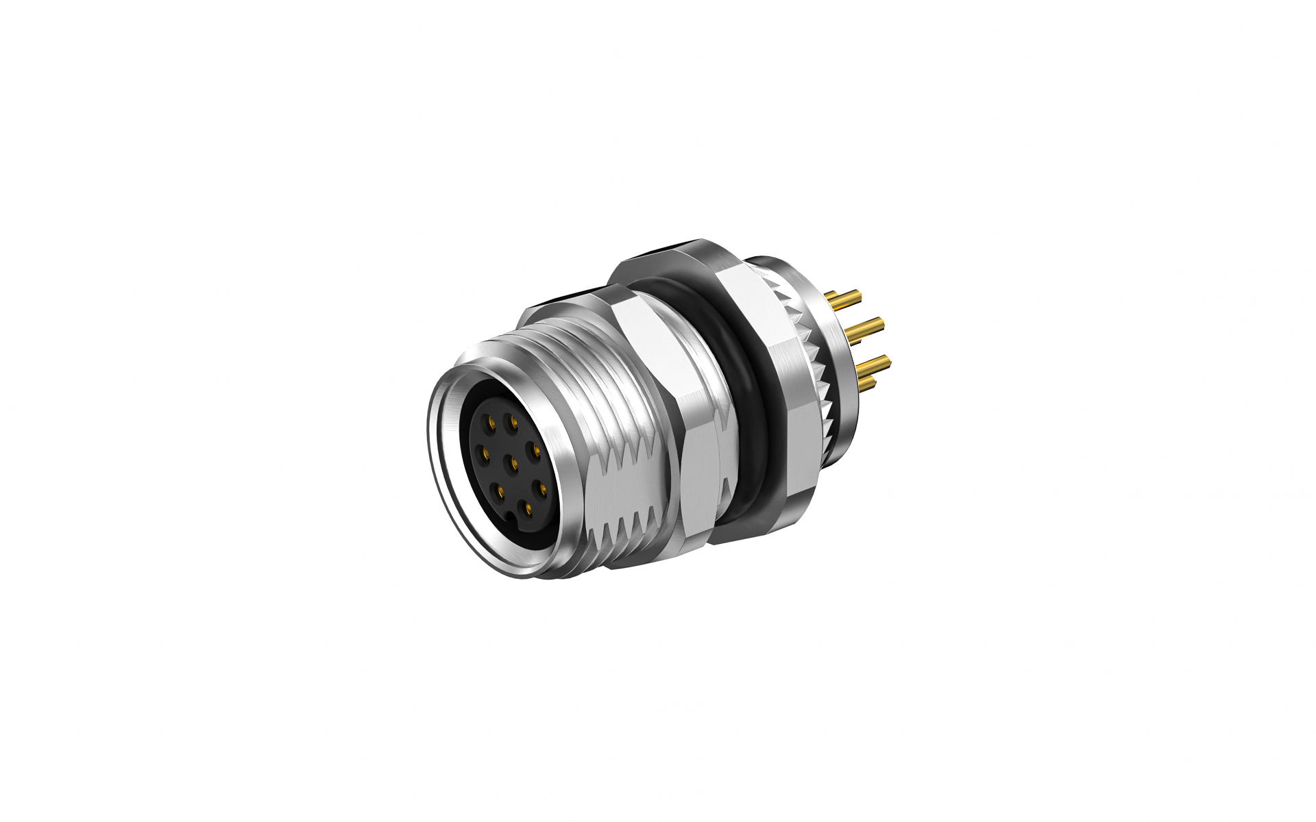 Front fastened M10X0.75 female Socket with section , A-Coded , 8Circuits , ST THT, without shield