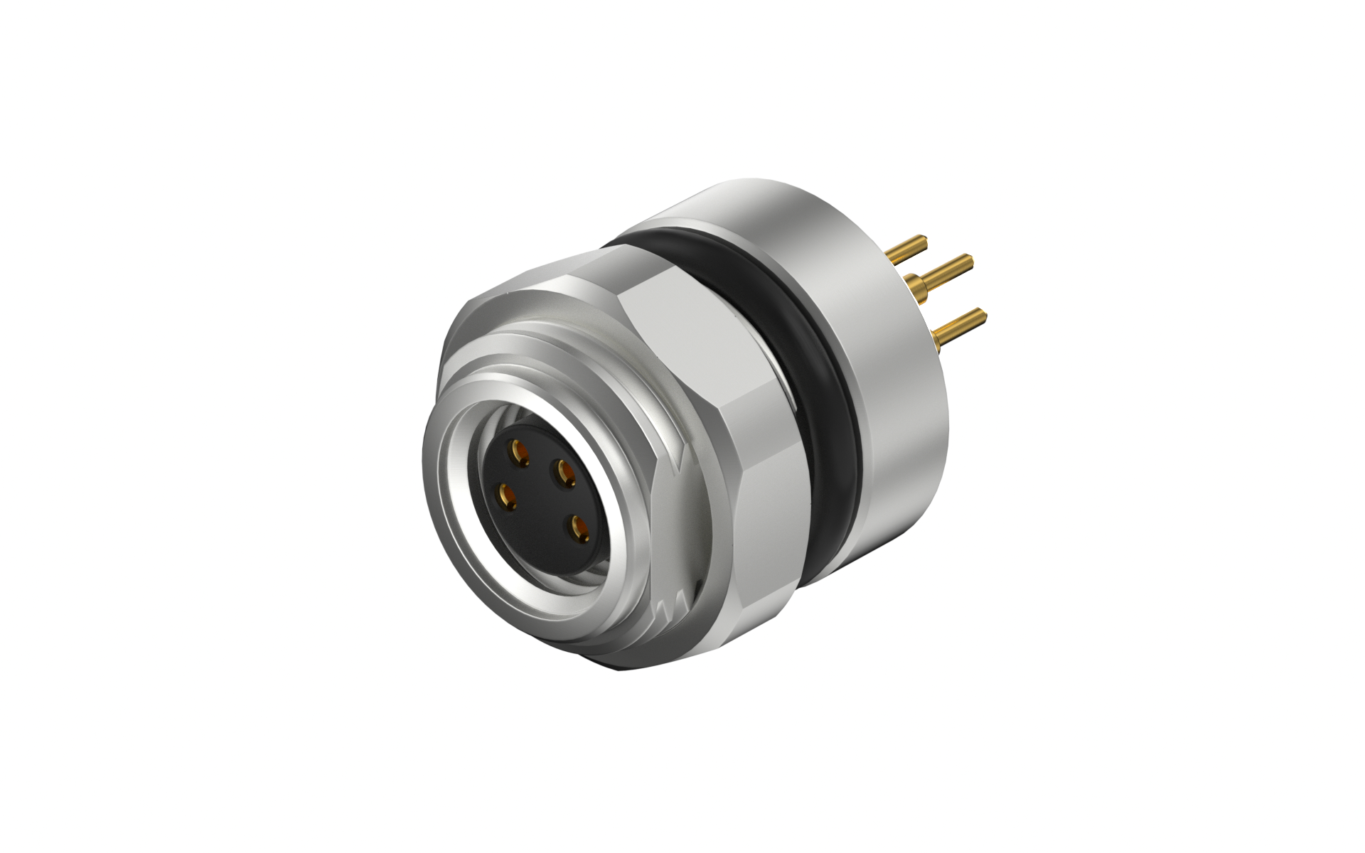 Front fastened M12X1.0 female Socket with section , A-Coded , 4Circuits , ST THT, without shield