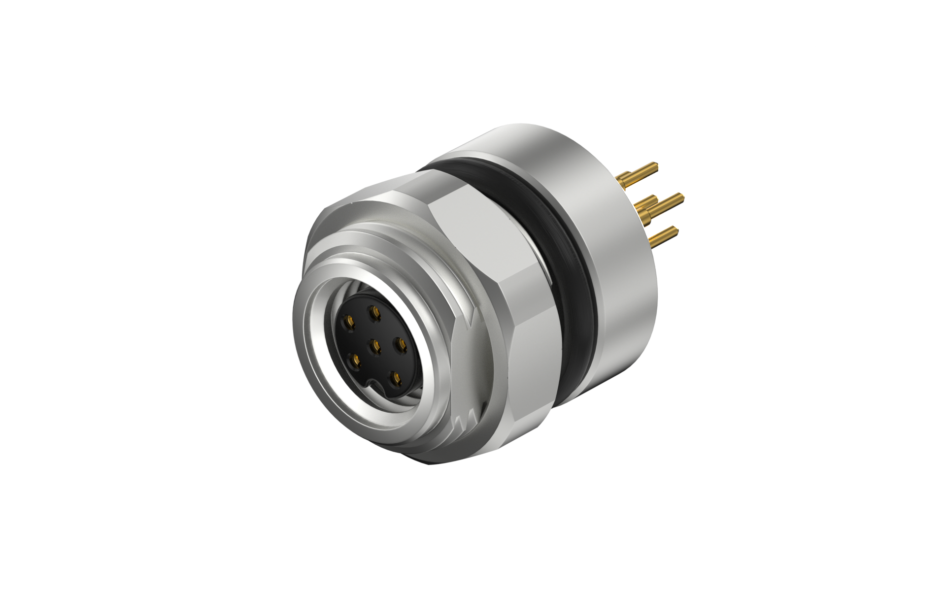 Front fastened M12X1.0 female Socket with section , A-Coded , 6Circuits , ST THT, without shield