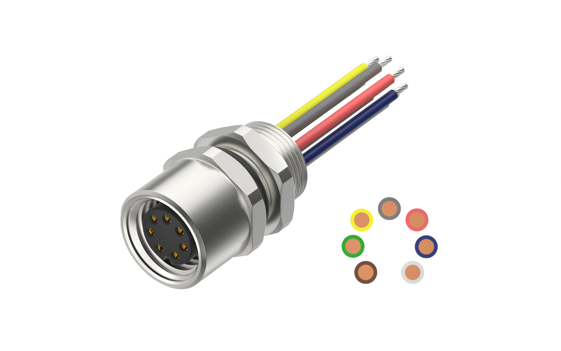 Rear fastened M8X0.5 female Socket circle , A-Coded, 7Circuits，Recessed Terminal，lite Length 500mm