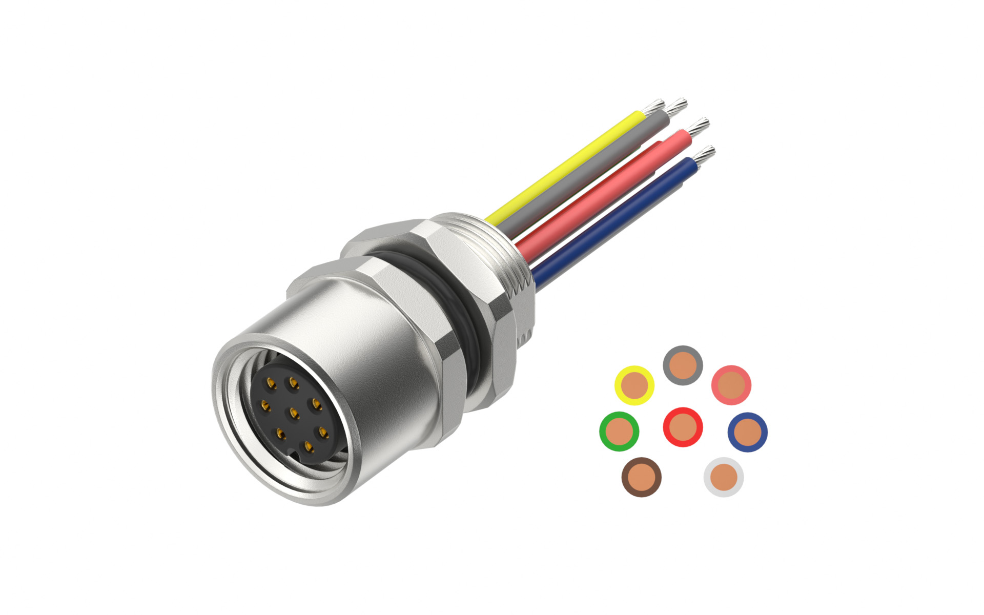 Rear fastened M8X0.5 female Socket section, A-Coded, 8Circuits，Recessed Terminal，lite Length 500mm