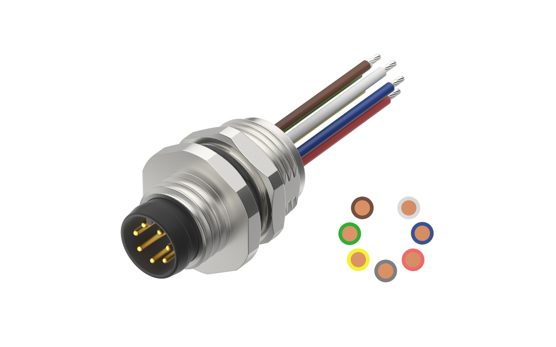 Rear fastened M10X0.75 male Socket section , A-Coded, 7Circuits，Recessed Terminal，lite Length 500mm