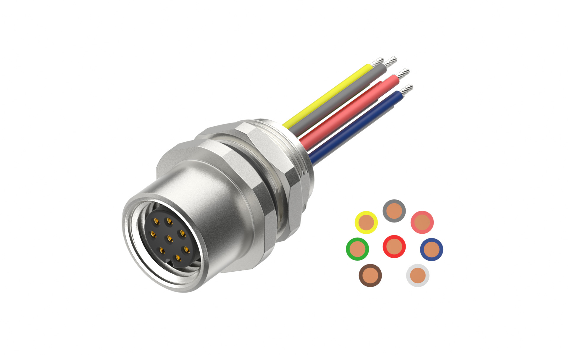 Rear fastened M10X0.75 female Socket section, A-Coded, 8Circuits，Recessed Terminal，lite Length 500mm