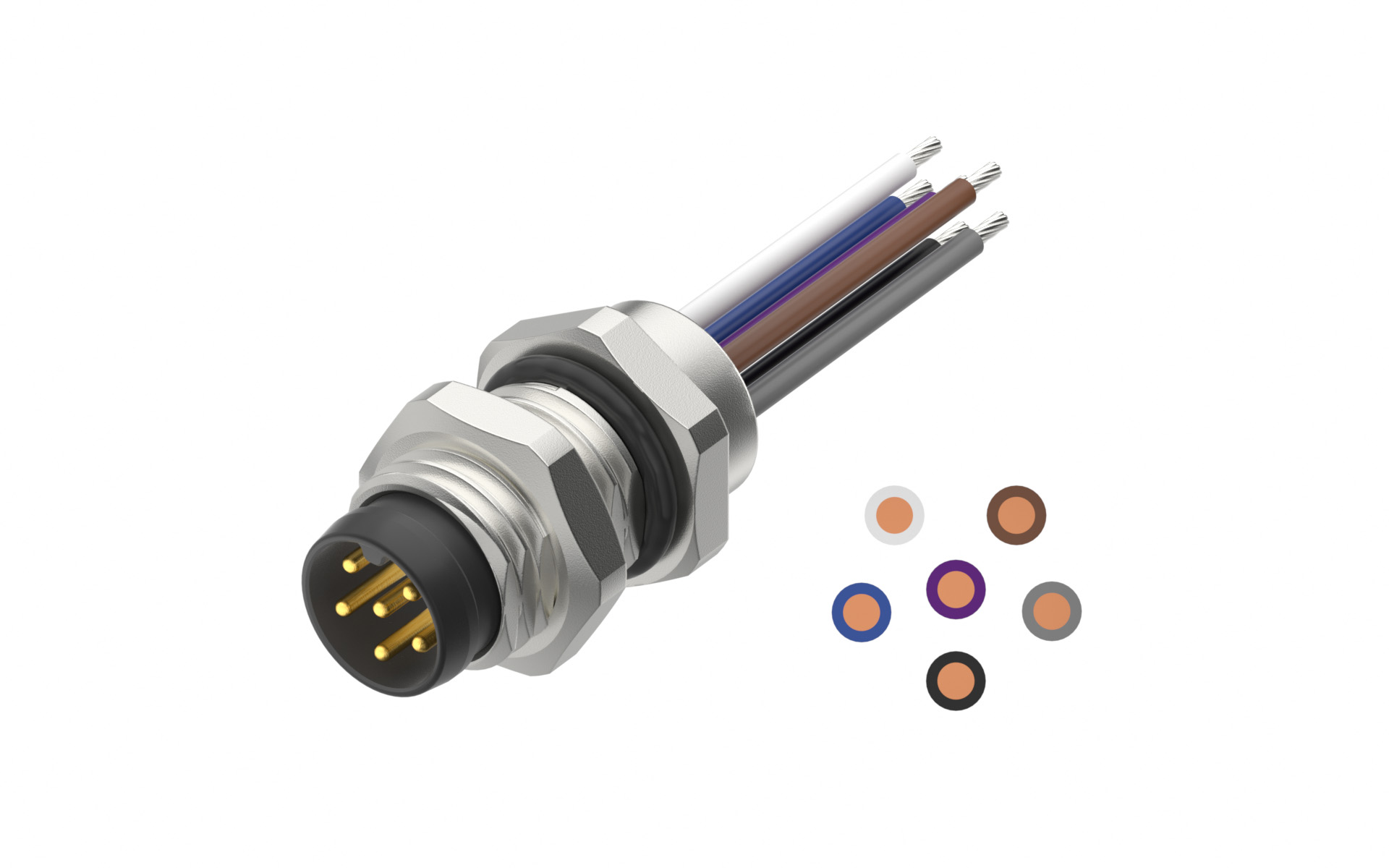 front fastened M8X1.0 male Socket sectio , A-Coded , 6Circuits，Recessed Terminal，lite Length 500mm