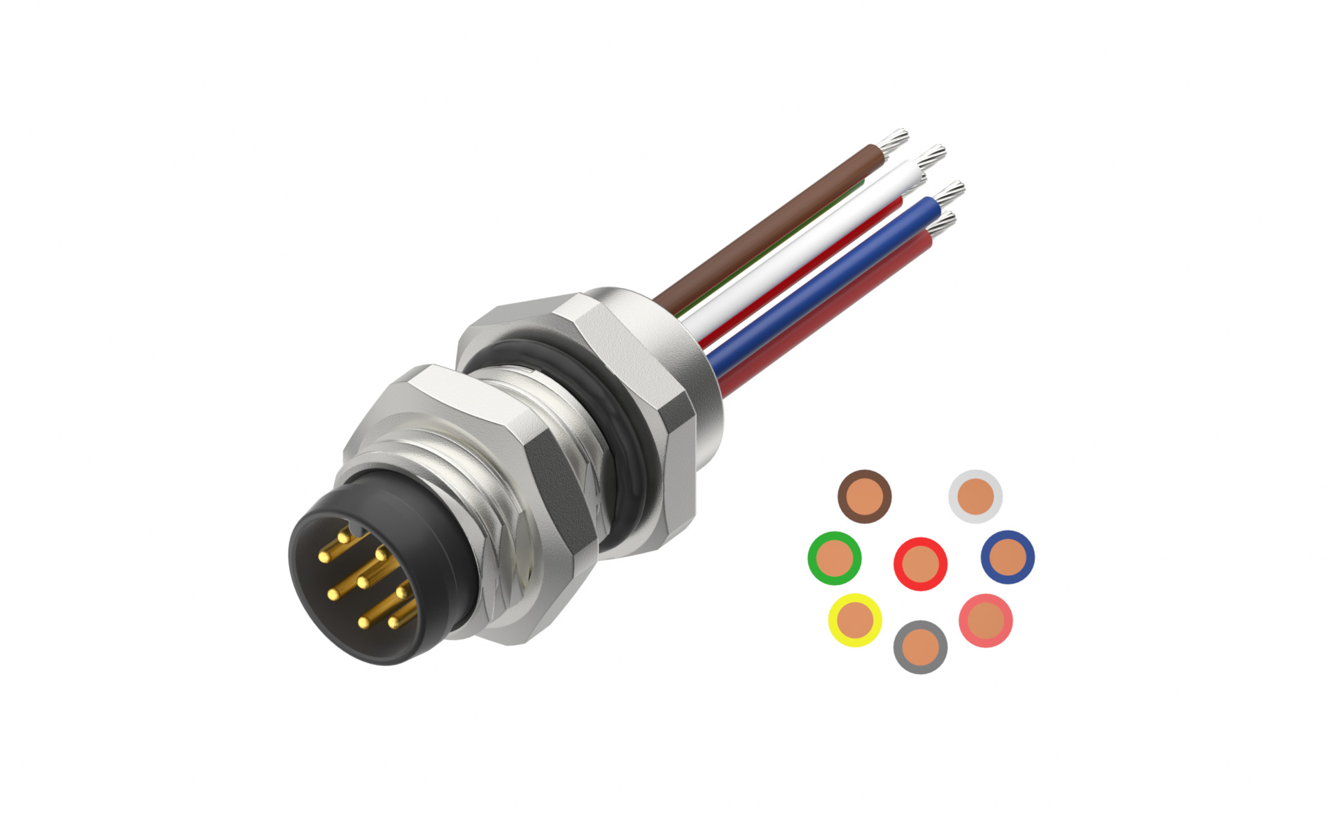 Front fastened M8x1.0 male Socket section, A-Coded, 8Circuits，Recessed Terminal，lite Length 500mm