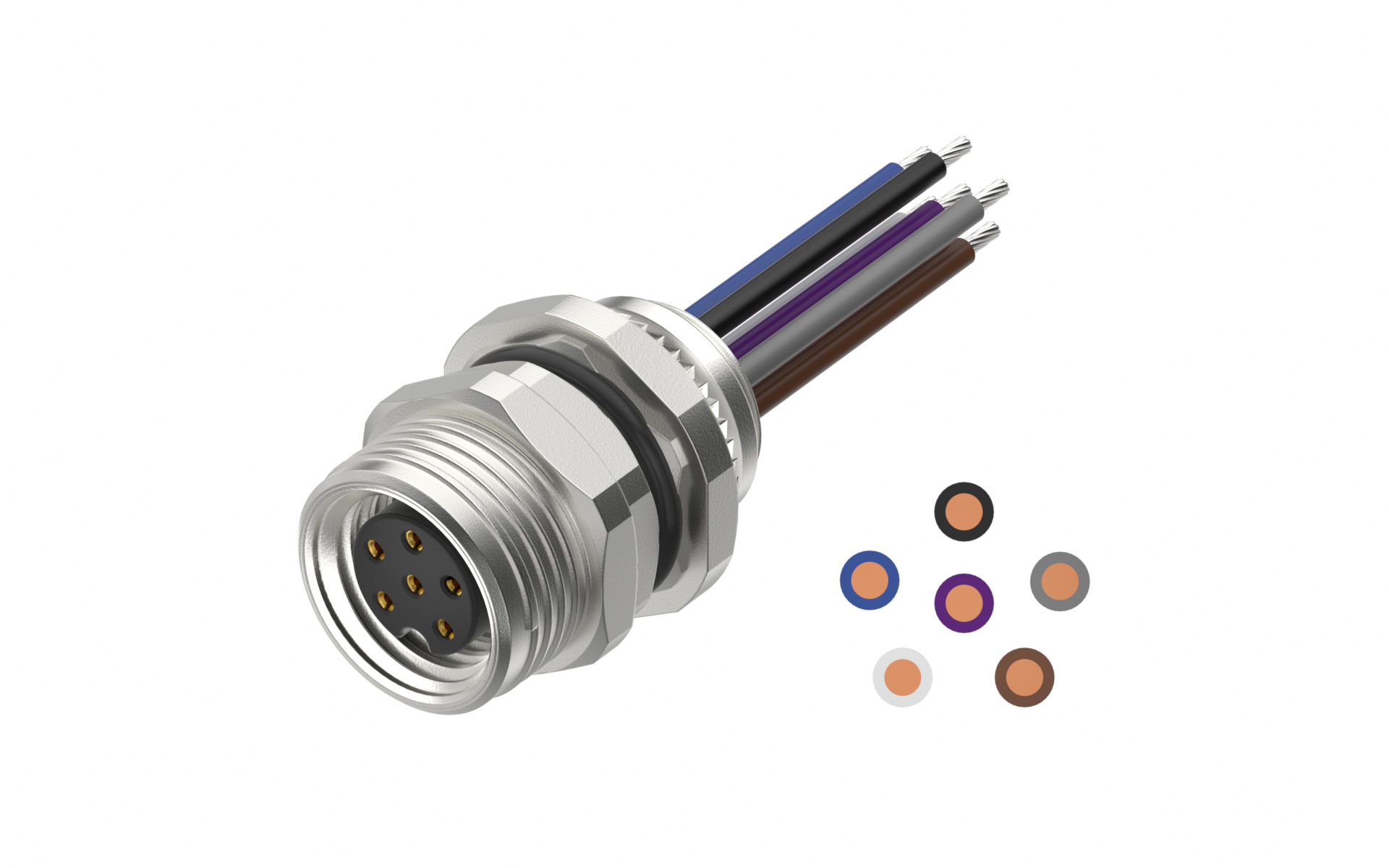 front fastened M10X0.75 female Socket circle , A-Coded , 6Circuits，Recessed Terminal，lite Length 500mm