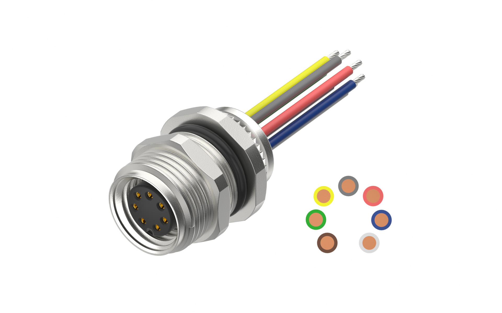 Front fastened M10X0.75 female Socket circle, A-Coded, 8Circuits，Recessed Terminal，lite Length 500mm