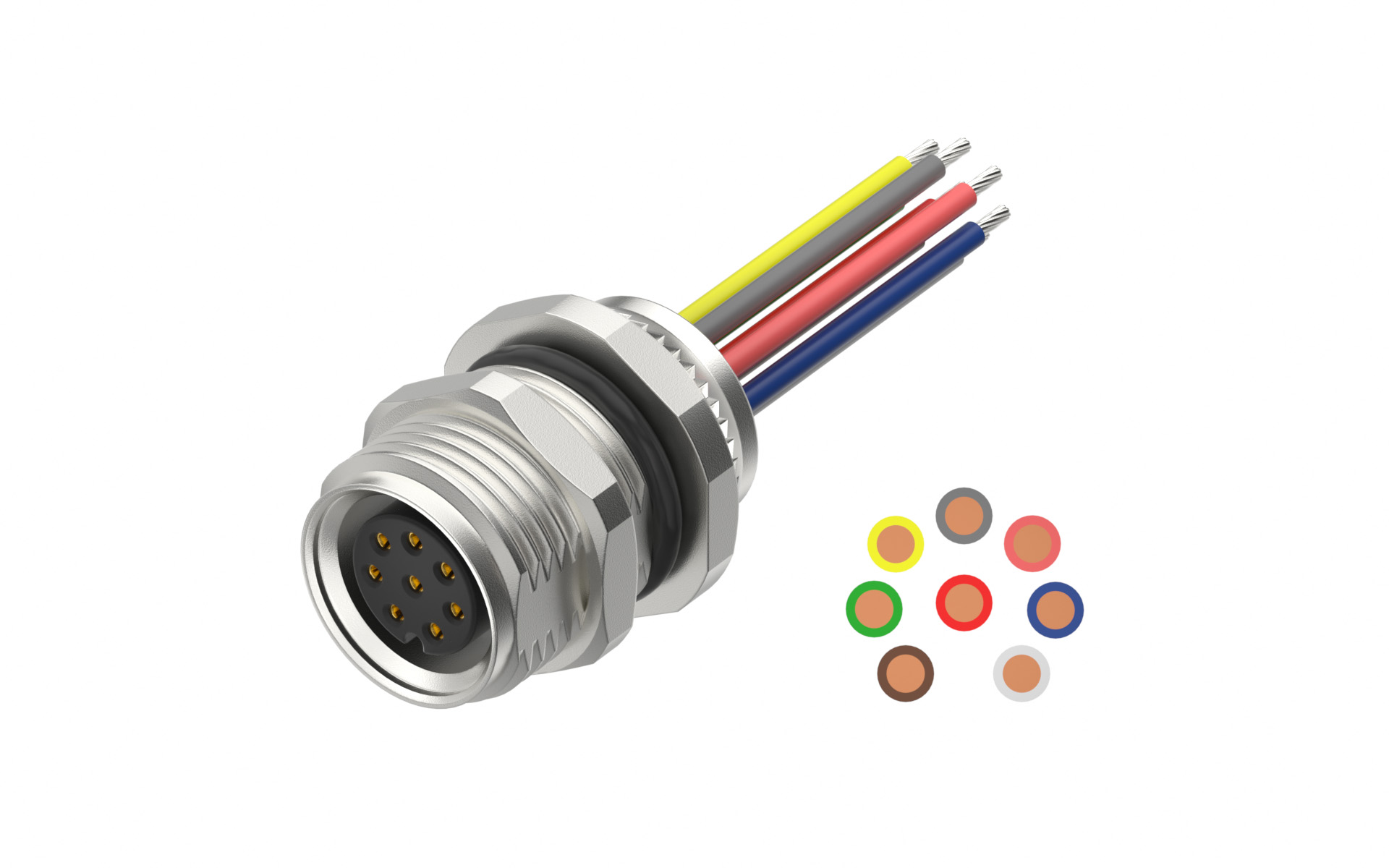 Front fastened M10X0.75 female Socket section, A-Coded, 8Circuits，Recessed Terminal，lite Length 500mm