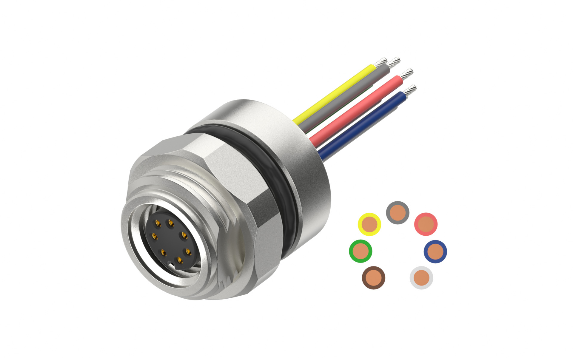 Front fastened M12X1.0 female Socket section, A-Coded, 7Circuits，Recessed Terminal，lite Length 500mm