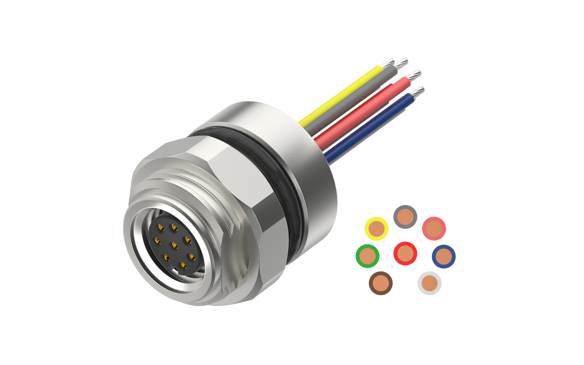 Front fastened M12X1.0 female Socket section, A-Coded, 8Circuits，Recessed Terminal，lite Length 500mm