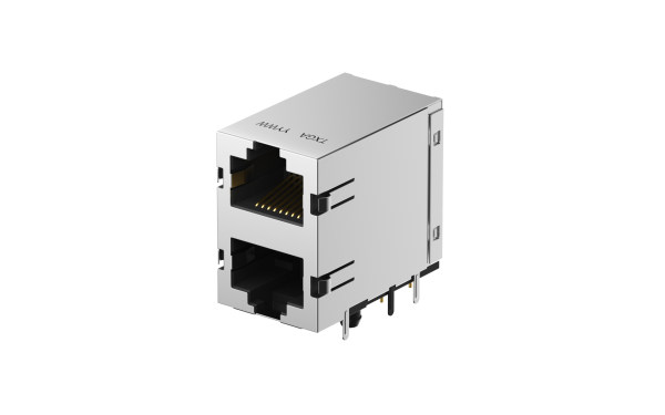 RJ45连接器 90°插件 ,双口 ,Gold flash ,黑色 ,无LED灯 ,
