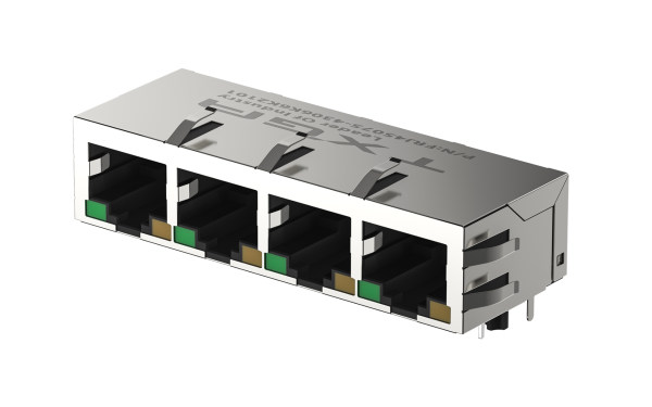 RJ45连接器 90°插件 ,四口 ,6μ" ,黑色 ,左绿右黄 ,100Base-T
