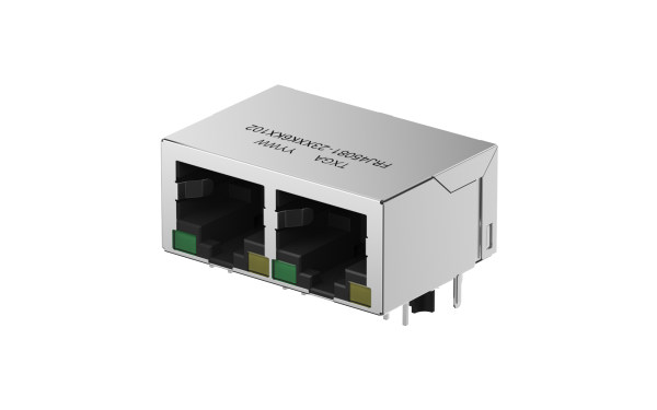 RJ45连接器 90°插件 ,双口 ,6μ" ,黑色 ,左绿右黄 ,1000Base-T