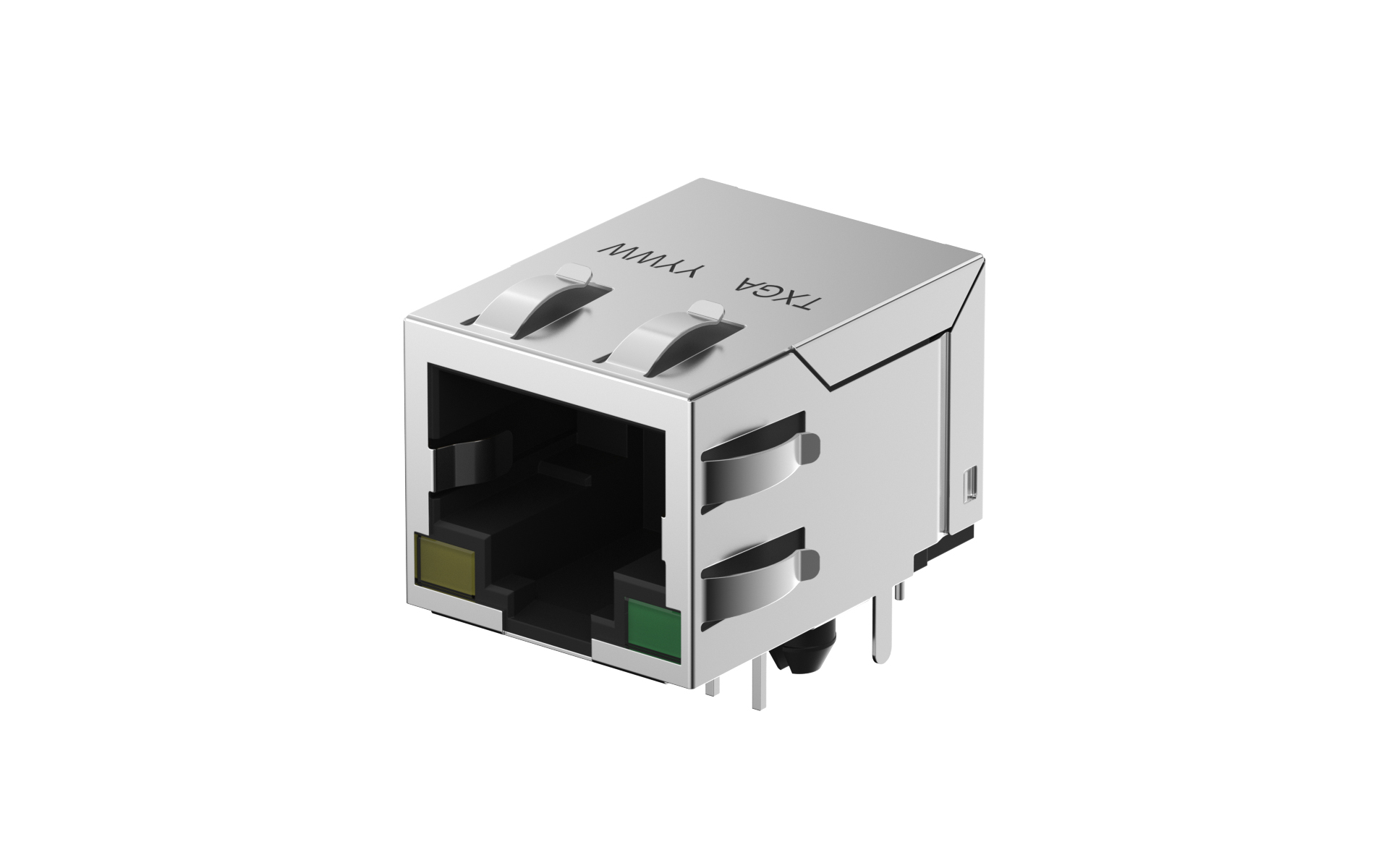 RJ45 Connector 90°Angle, 1Port, Gold flash, Black, L:yellow, R:green, 